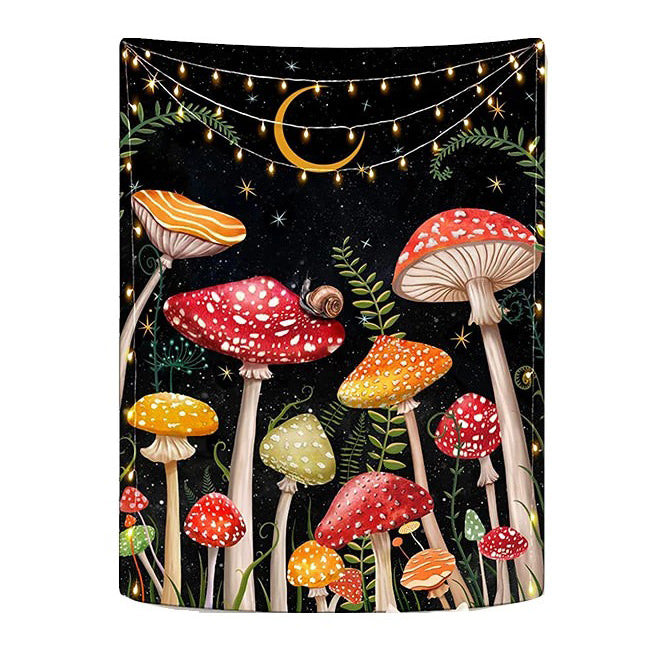 indie aesthetic night mushrooms with small snail wall hanging tapestry roomtery