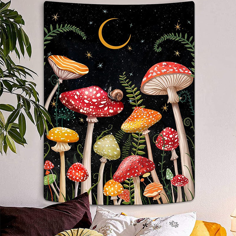 indie aesthetic night mushrooms with small snail wall hanging tapestry roomtery