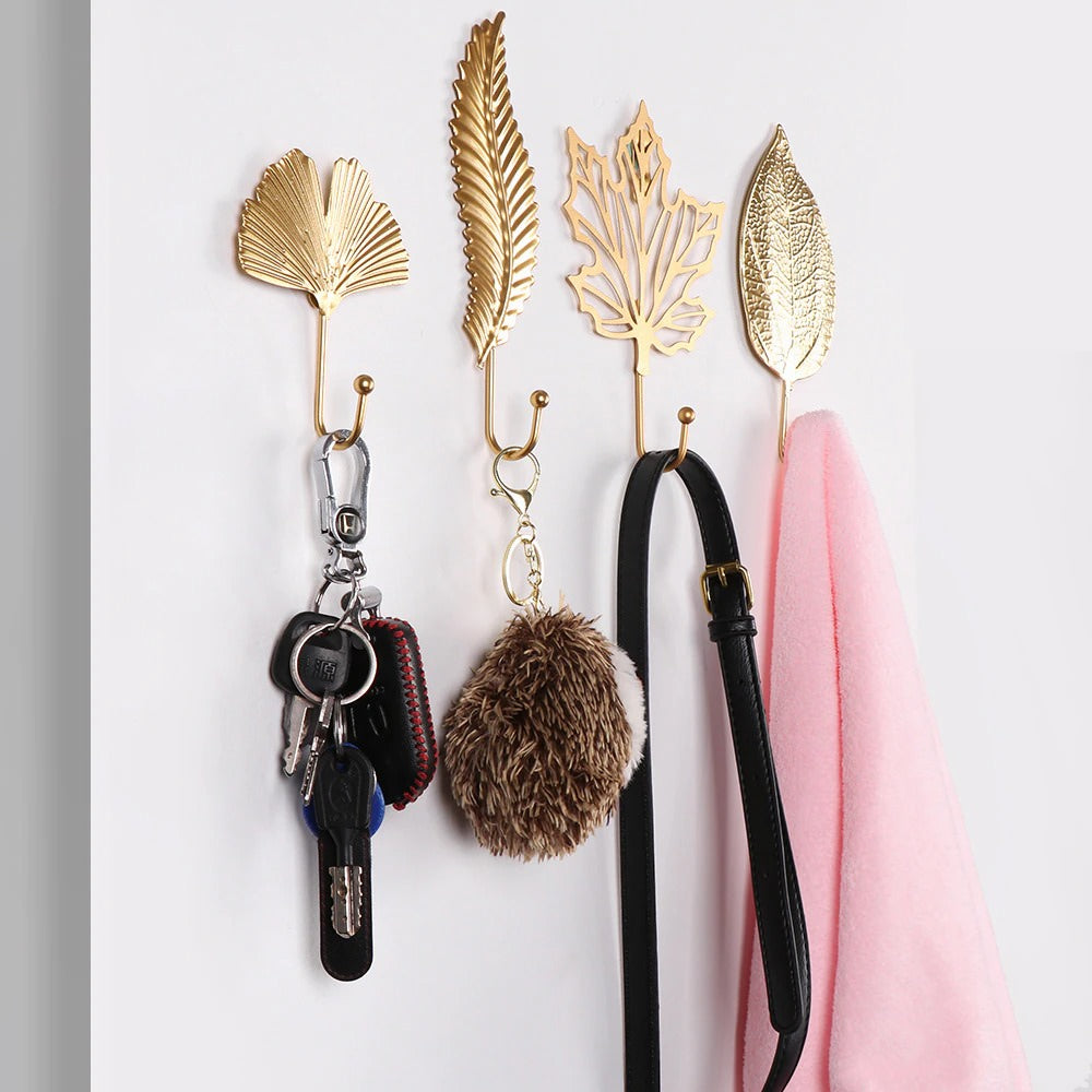 golden leaf shaped brass metal wall hanging key hook holder roomtery aesthetic room decor