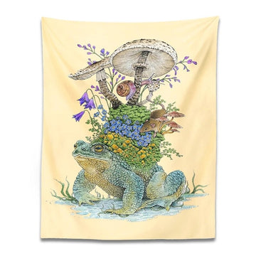 old vintage forest mushroom frog print aesthetic wall tapestry roomtery