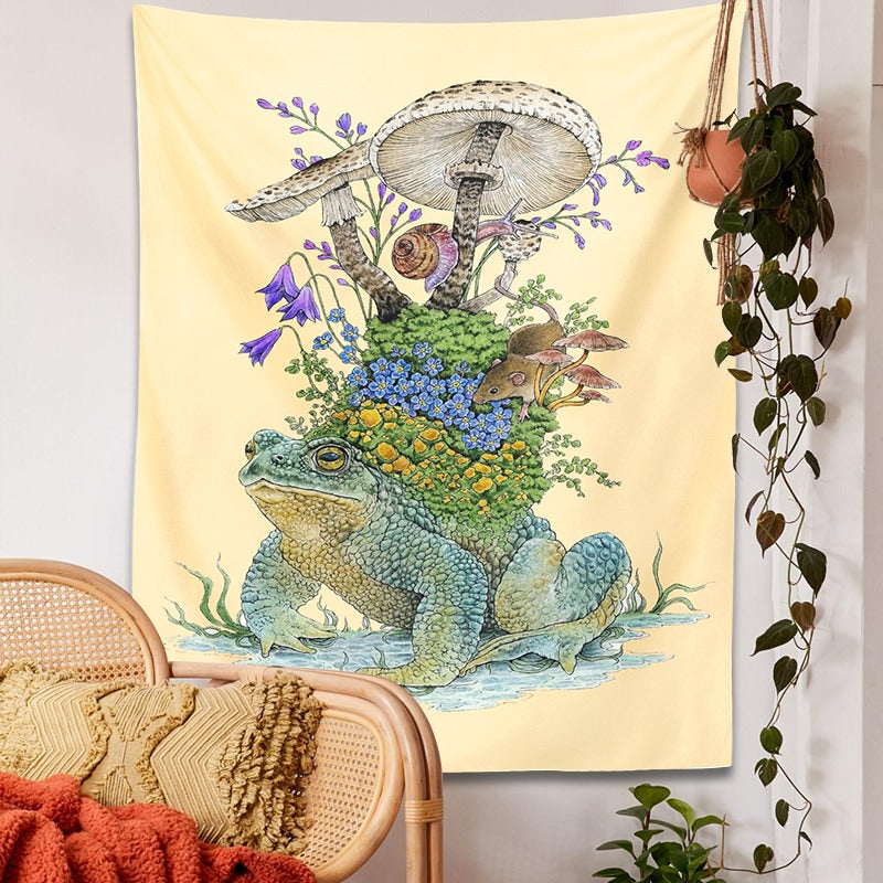 old vintage forest mushroom frog print aesthetic wall tapestry roomtery