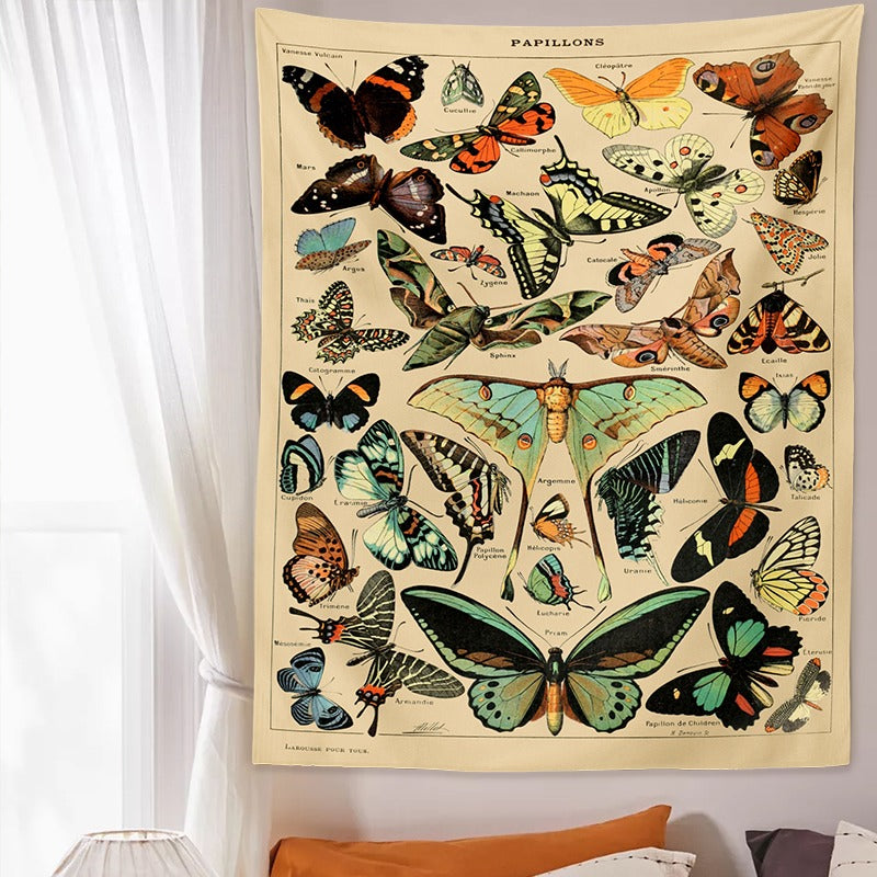 Papillons (butterflies) french botanical educational cottagecore aesthetic wall hanging tapestry roomtery