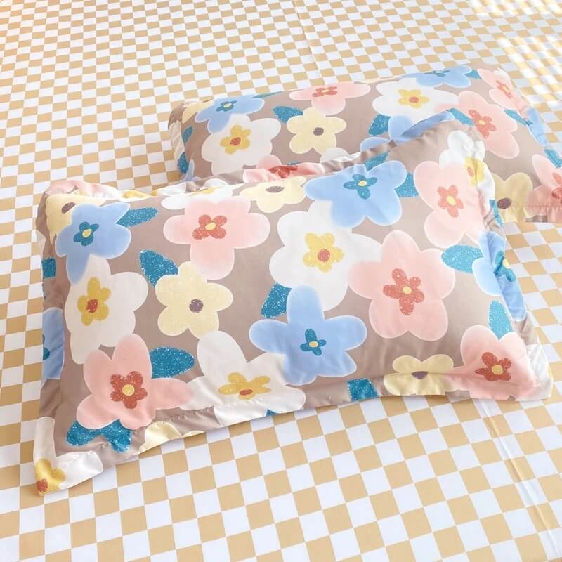 pastel brown flowers pattern and checkerboard print aesthetic bedding set roomtery