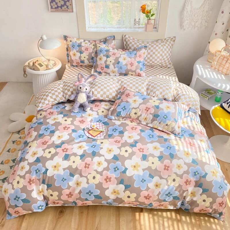 https://roomtery.com/cdn/shop/products/pastel-brown-flowers-and-checker-aesthetic-bedding-set-roomtery3.jpg?v=1678367934&width=1946