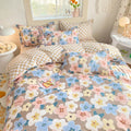 pastel brown flowers pattern and checkerboard print aesthetic bedding set roomtery