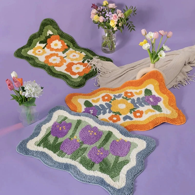 danish pastel aesthetic room fluffy irregular bath mat accent rug flower print roomtery