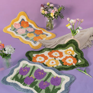 irregular shape fluffy rug flower print danish pastel aesthetic room decor roomtery