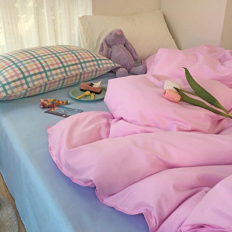 danish pastel bedding set in pastel pink and blue with grid pillows soft duvet cover pastel sheet set roomtery