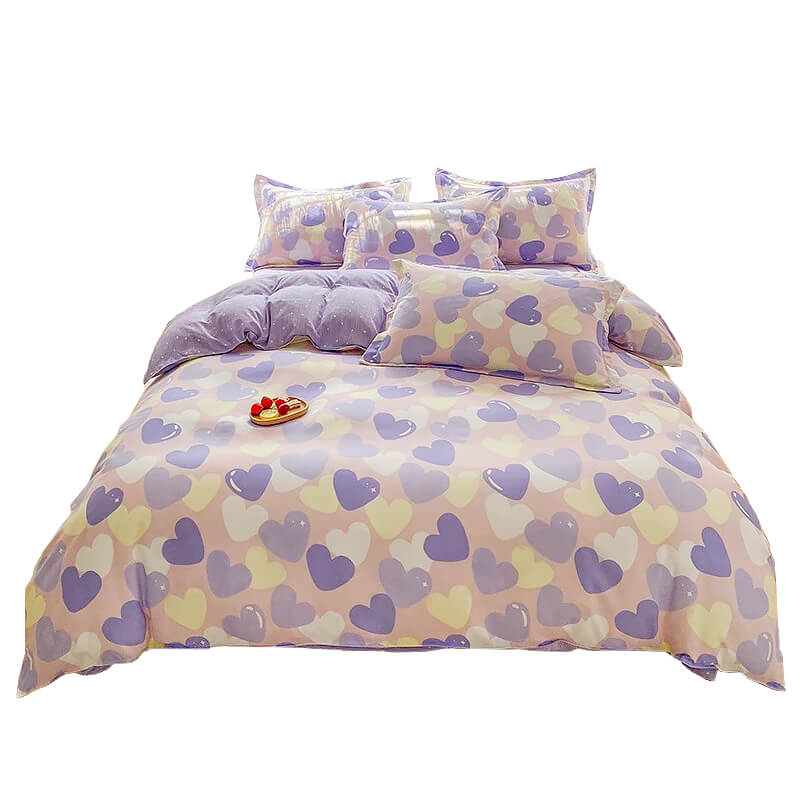 pastel purple hearts pattern aesthetic bedding set roomtery