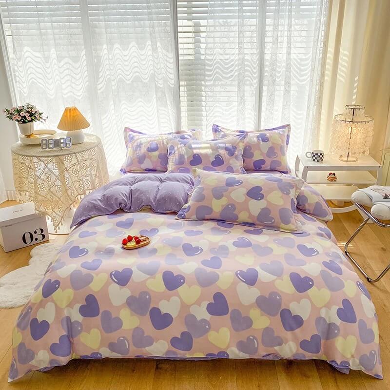 pastel purple hearts pattern aesthetic bedding set roomtery