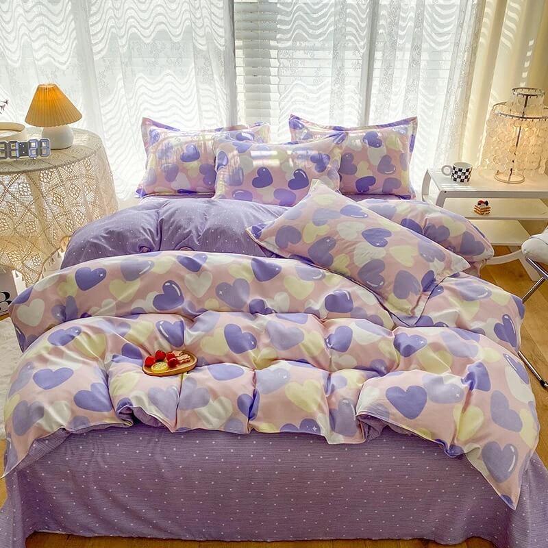 pastel purple hearts pattern aesthetic bedding set roomtery