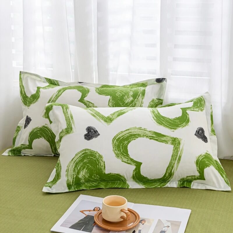 cute hand drawn green hearts pattern aesthetic bedding set roomtery