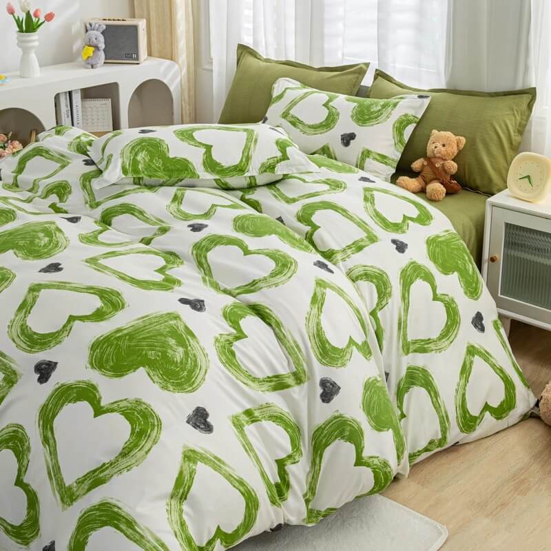 cute hand drawn green hearts pattern aesthetic bedding set roomtery