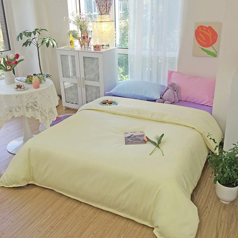 danish pastel bedding set in pastel purple and yellow with grid pillows soft duvet cover pastel sheet set roomtery