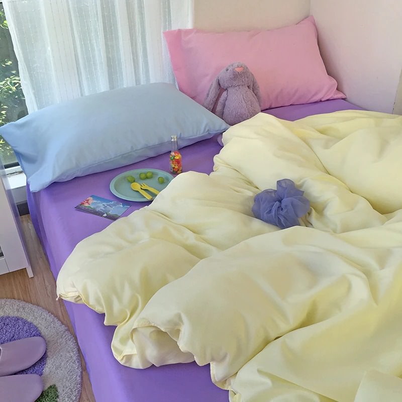 danish pastel bedding set in pastel purple and yellow with grid pillows soft duvet cover pastel sheet set roomtery