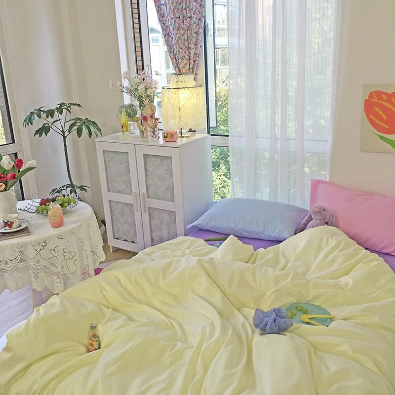 danish pastel bedding set in pastel purple and yellow with grid pillows soft duvet cover pastel sheet set roomtery