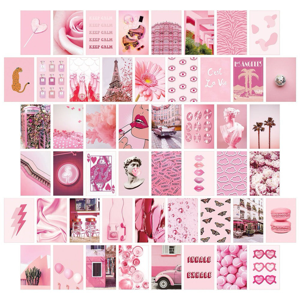 Wall Collage Kit Aesthetic Pictures, Photo Collage Kit for Wall Aesthetic  with LED Stripe Lights, Pink