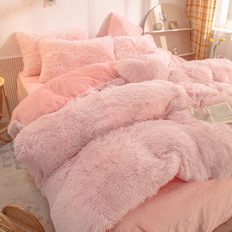 Light pink fluffy soft plush bedding set faux fur duvet cover soft girl aesthetic bedding
