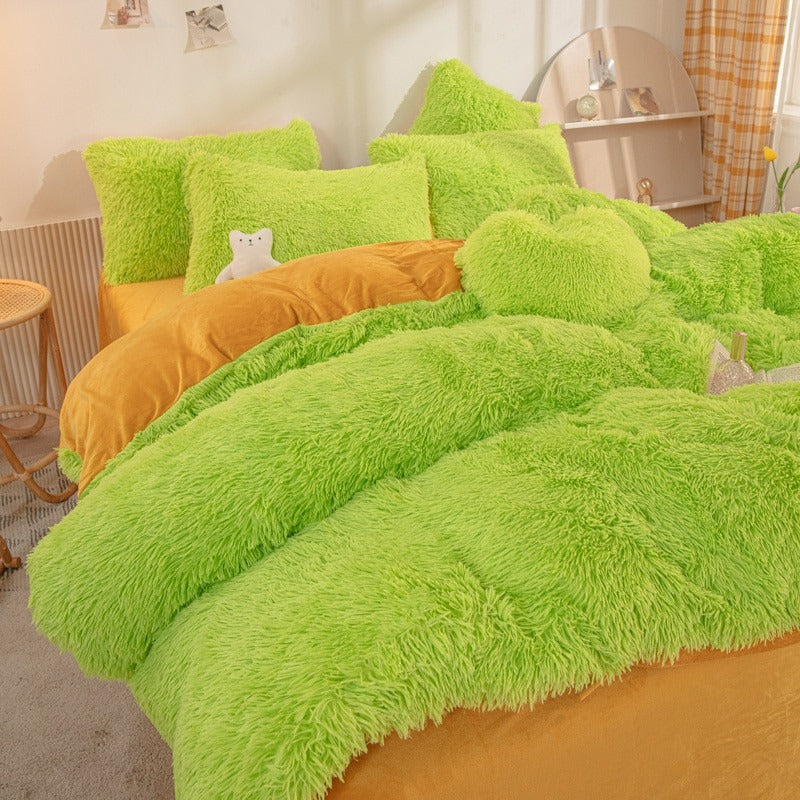 green fluffy soft plush bedding set faux fur duvet cover soft girl aesthetic bedding