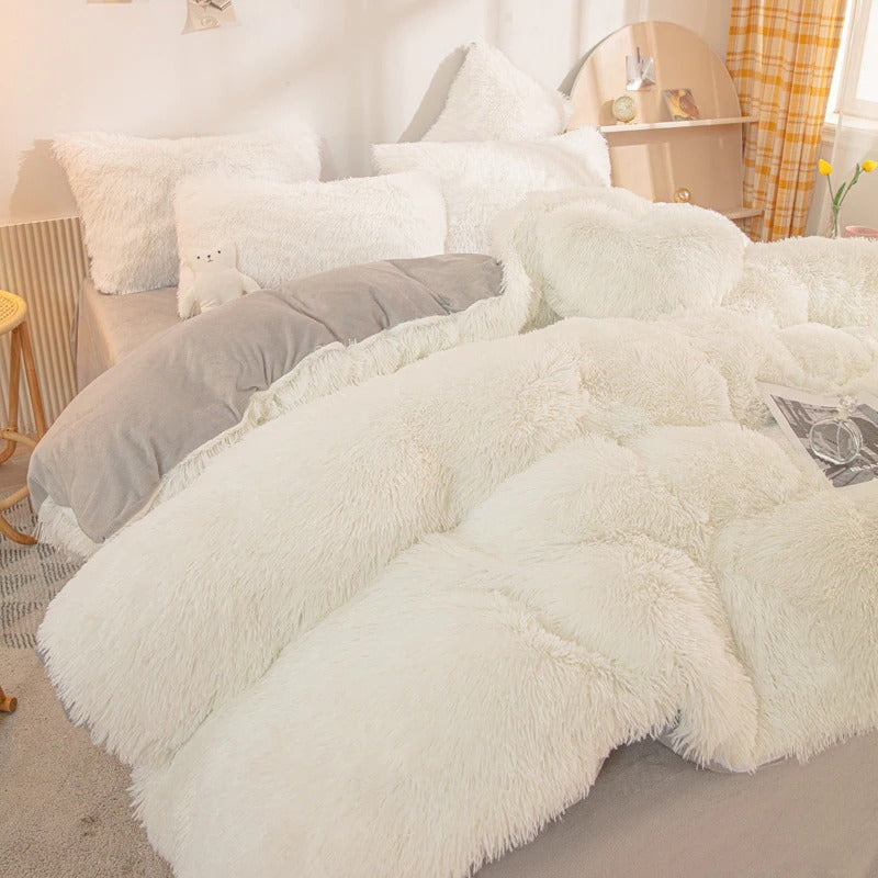 white fluffy soft plush bedding set faux fur duvet cover soft girl aesthetic bedding