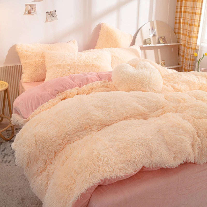 peachy fluffy soft plush bedding set faux fur duvet cover soft girl aesthetic bedding