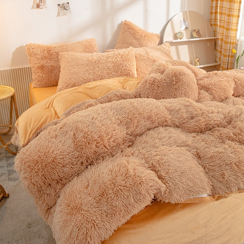 Brown fluffy soft plush bedding set faux fur duvet cover soft girl aesthetic bedding