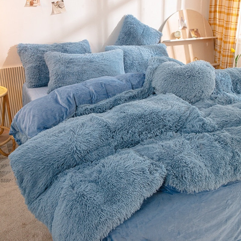 blue fluffy soft plush bedding set faux fur duvet cover soft girl aesthetic bedding
