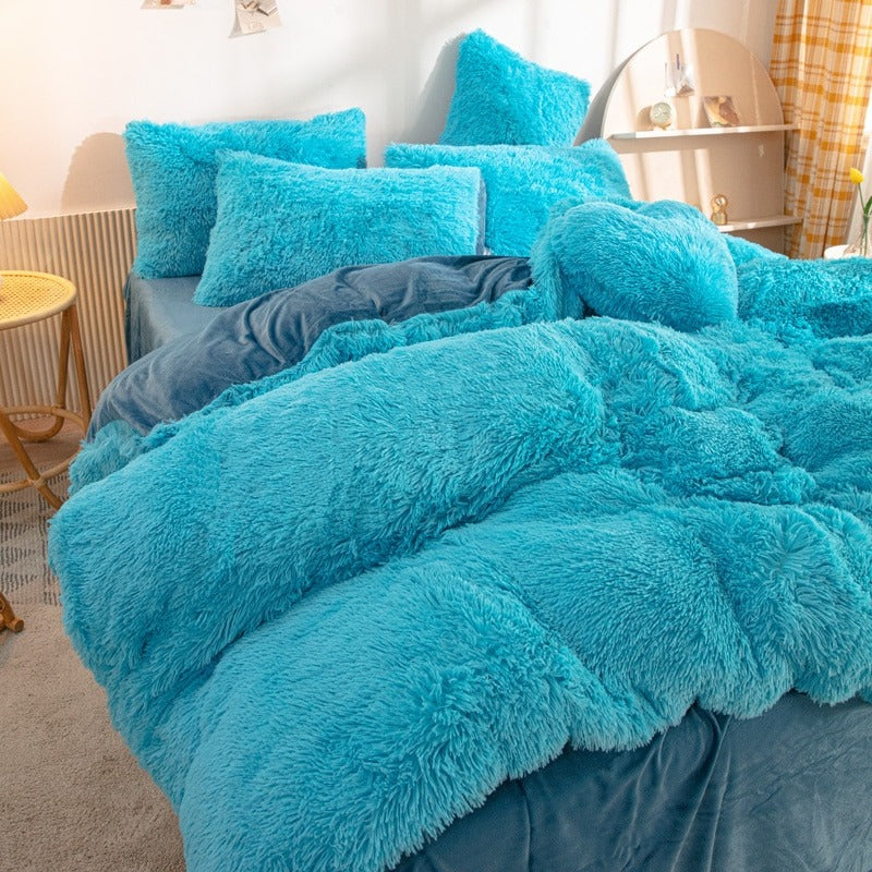 cyan fluffy soft plush bedding set faux fur duvet cover soft girl aesthetic bedding