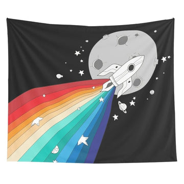 rainbow rocket flying to the moon aesthetic tapestry wall hanging decor roomtery