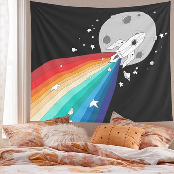 rainbow rocket flying to the moon aesthetic tapestry wall hanging decor roomtery