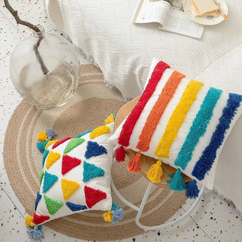 Rainbow Tassel Color Sofa Cushion Cover 45x45 Tufting Pillow Cover Decorative Pillow for Sofa Boho Home Decor Aesthetic Pillowcase roomtery