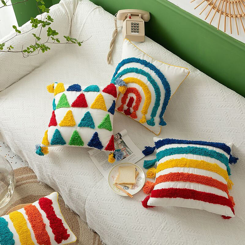 Rainbow Tassel Color Sofa Cushion Cover 45x45 Tufting Pillow Cover Decorative Pillow for Sofa Boho Home Decor Aesthetic Pillowcase roomtery