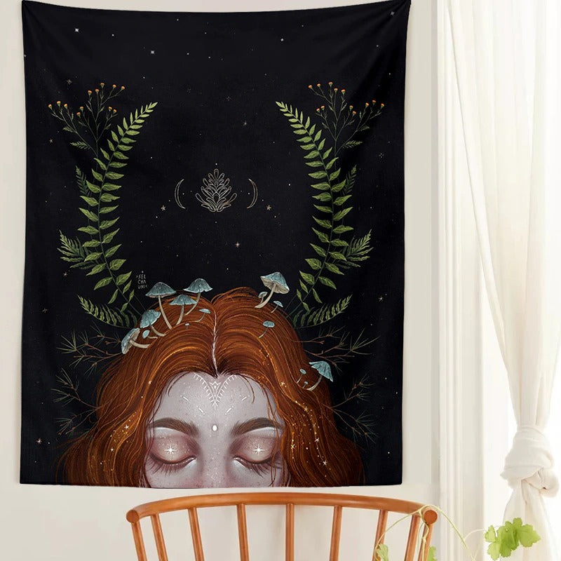Redhead fairy with mushrooms growing out of her head magic botanical tapestry roomtery