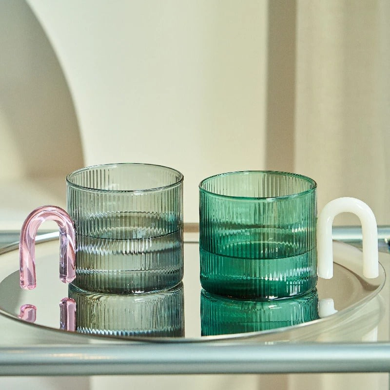 retro style striped ripple glass mug with arch handle danish pastel aesthetic cup roomtery