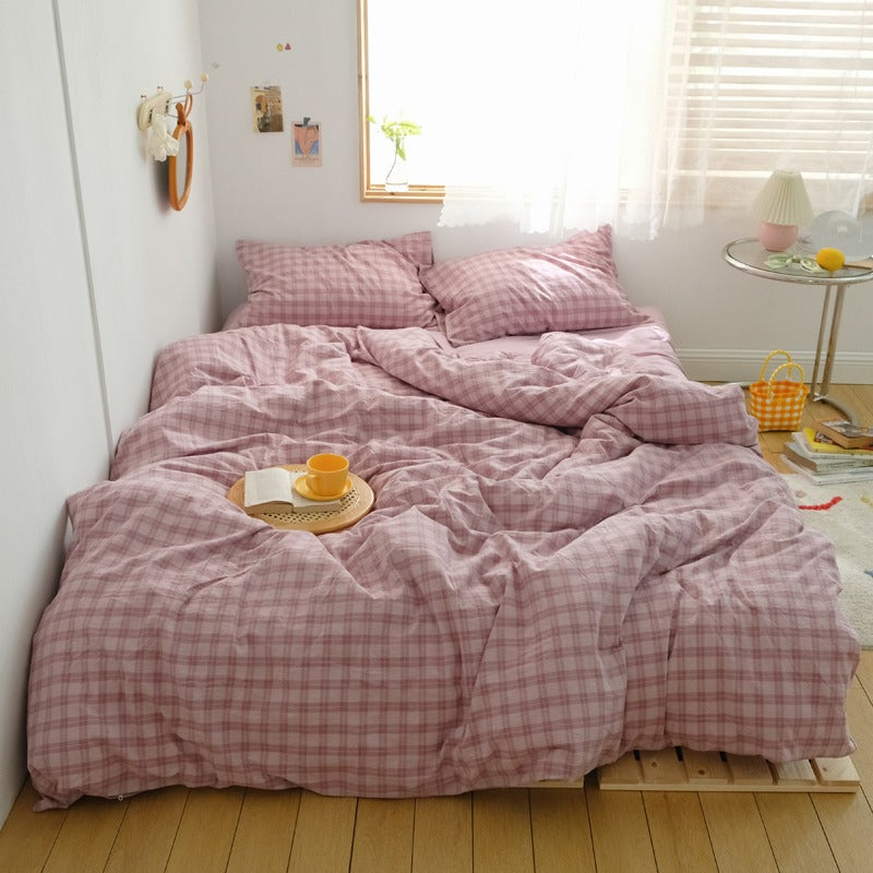 soft aesthetic room washed cotton pastel grid purple bedding set roomtery