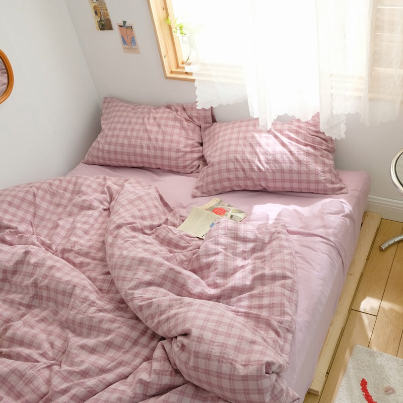 soft aesthetic room washed cotton pastel grid purple bedding set roomtery