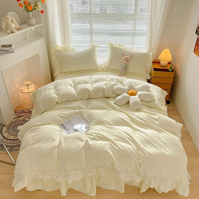 shining lace trip and ruffles soft girl aesthetic bedding set bed linens roomtery
