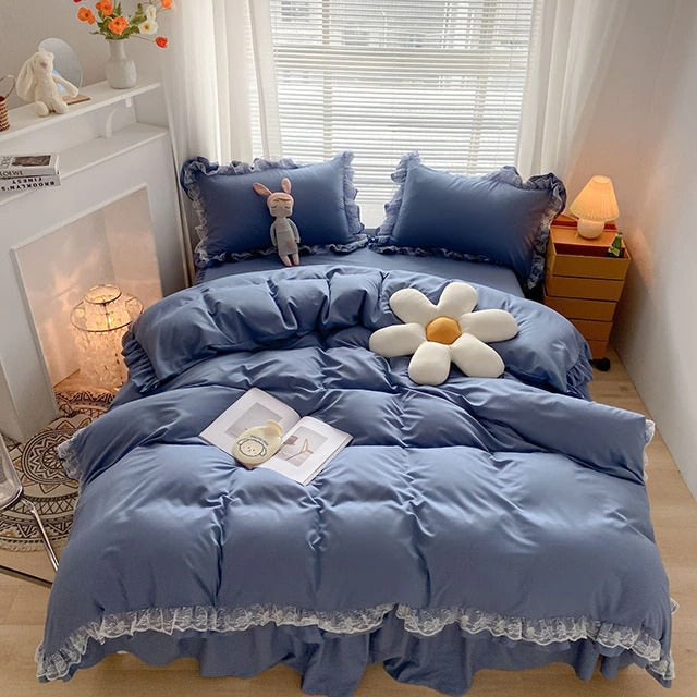 shining lace trip and ruffles soft girl aesthetic bedding set bed linens roomtery