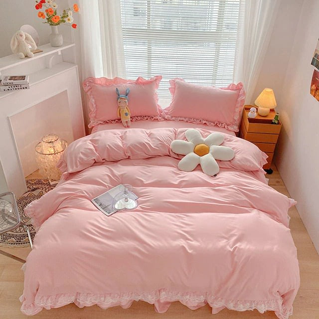shining lace trip and ruffles soft girl aesthetic bedding set bed linens roomtery