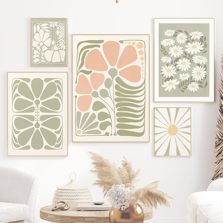 sage green pastel aesthetic room floral print canvas wall art posters roomtery