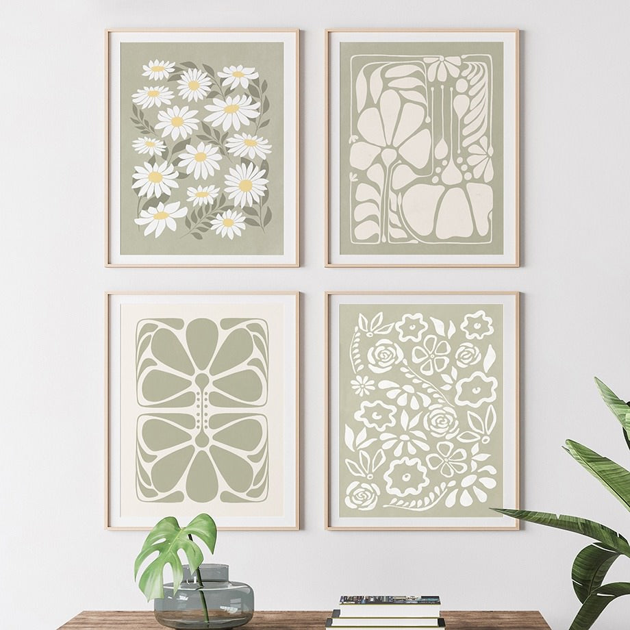 sage green pastel aesthetic room floral print canvas wall art posters roomtery