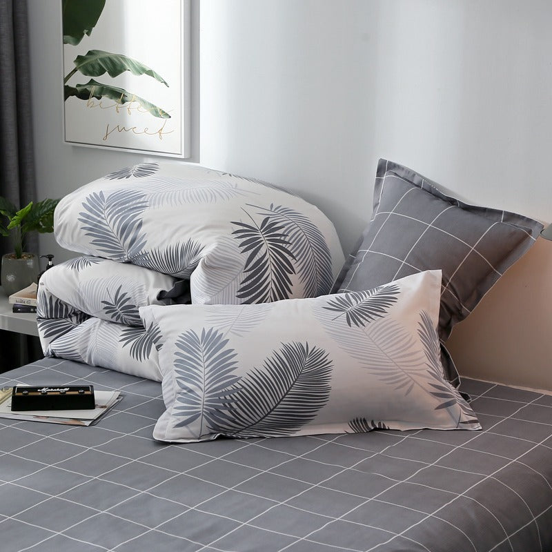 white and grey simple print feather palm leaf print aesthetic bedding