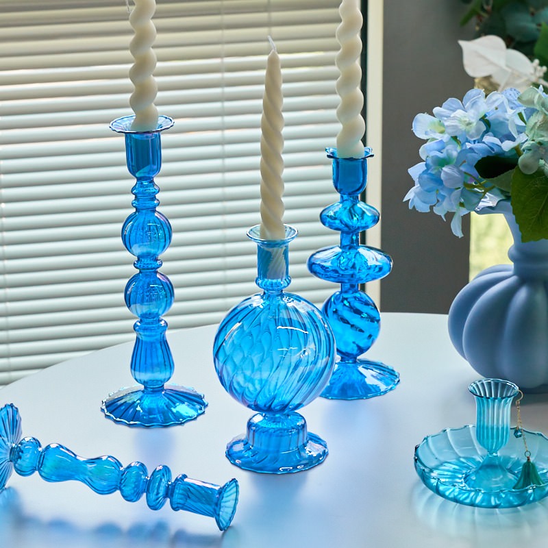 sky deep sea blue glass candle holder decor set aesthetic candleholder roomtery