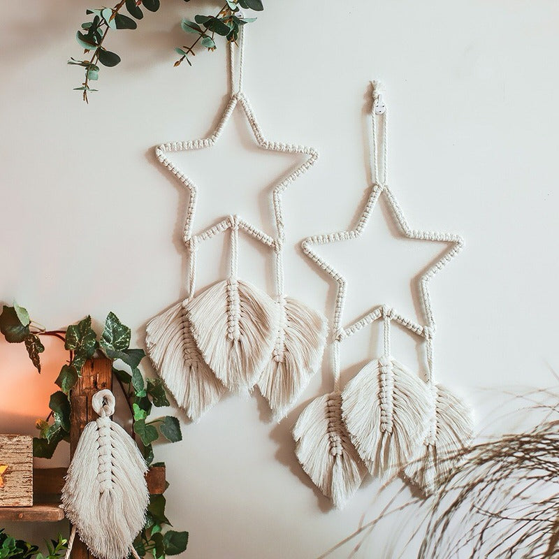 boho aesthetic macrame wall hanging dream catcher star shaped decor with decorative fringe roomtery