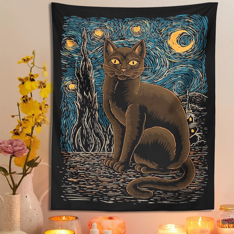 Starry Night cat Tapestry Wall Hanging retro cat Tapestries Van Gogh Mysterious Divination Witchcraft Black Cool home room Decor aesthetic tapestry roomtery