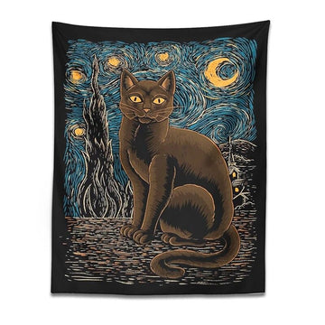 Starry Night cat Tapestry Wall Hanging retro cat Tapestries Van Gogh Mysterious Divination Witchcraft Black Cool home room Decor aesthetic tapestry roomtery