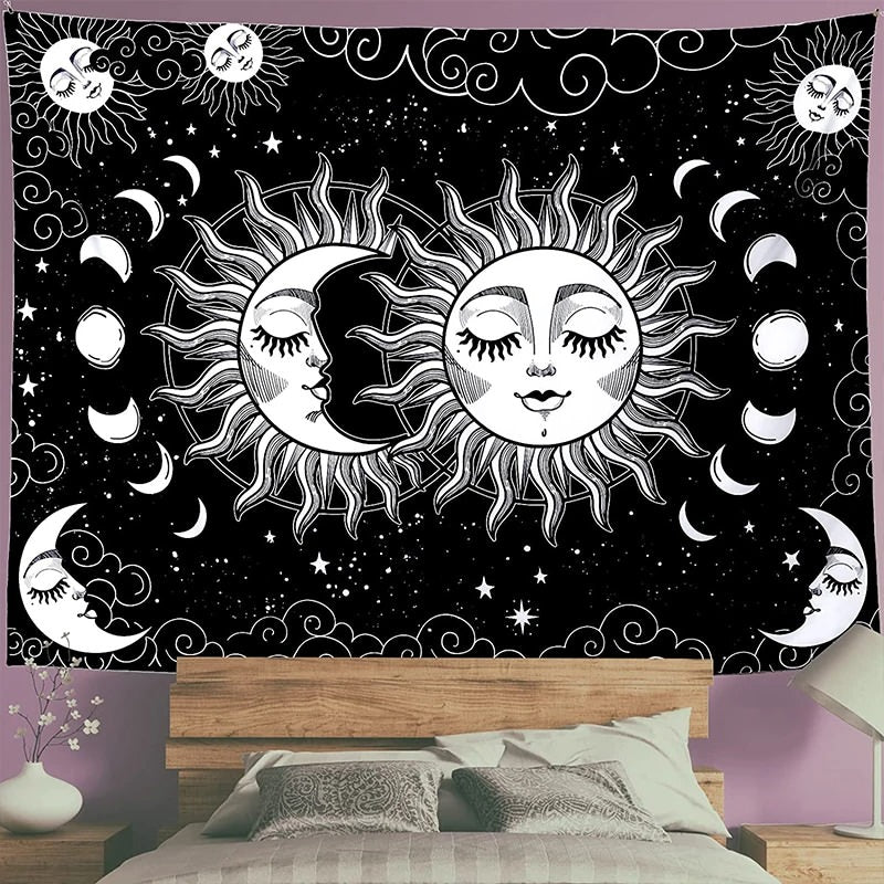 sun and moon black and white print aesthetic tapestry wall hanging decor roomtery