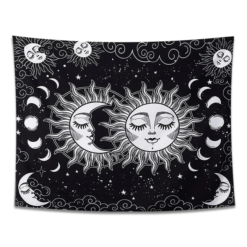 sun and moon black and white print aesthetic tapestry wall hanging decor roomtery