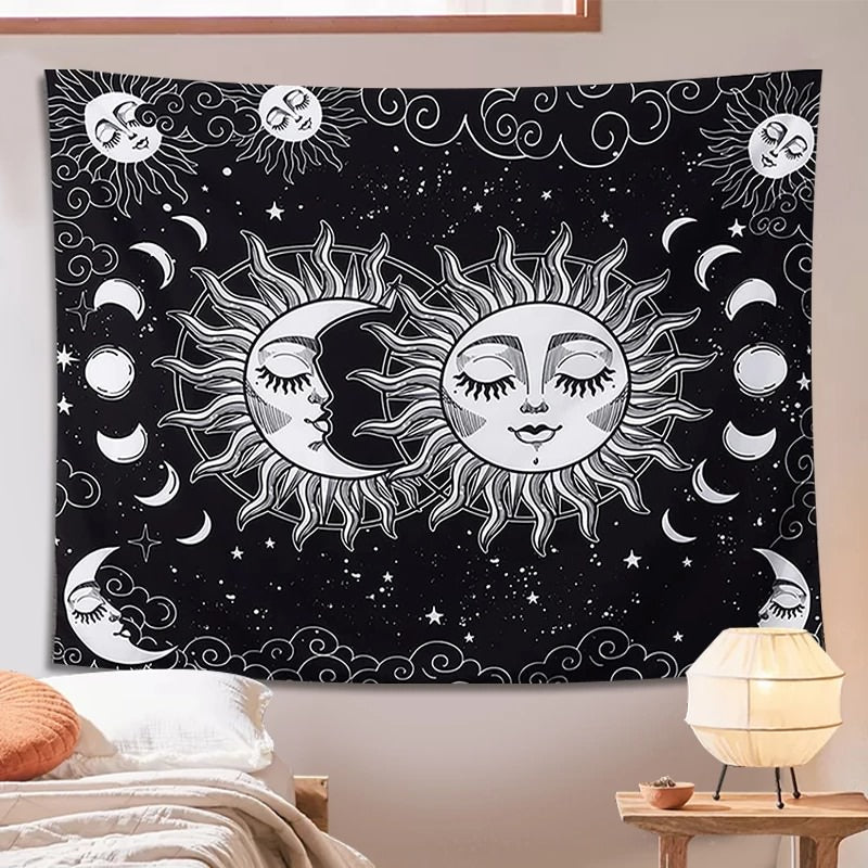 sun and moon black and white print aesthetic tapestry wall hanging decor roomtery
