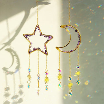moon and star natural amethyst suncatcher hanging decor roomtery